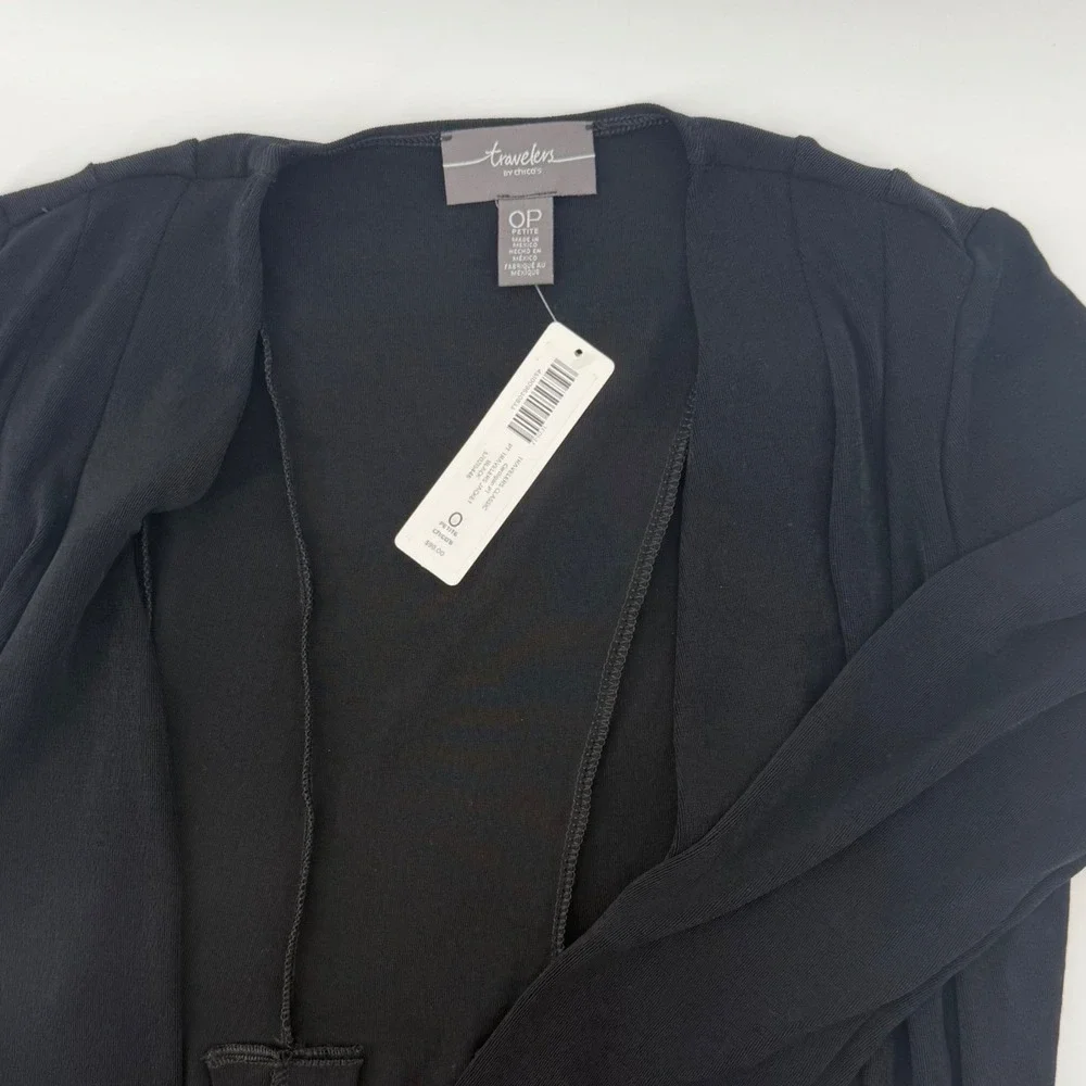 Chico's‎ Cardigan Womens 0P Black Travelers Open Front 3/4 Sleeve Jacket Petite